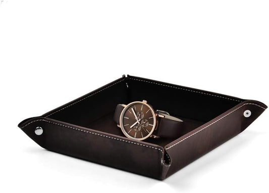 Tommy Hill Valet Tray Desktop Storage Organizer, Genuine Leather Catchall Tray Bedside Vanity Nightstand Caddy Holder Desk Storage Plate, Brown