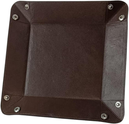 Tommy Hill Valet Tray Desktop Storage Organizer, Genuine Leather Catchall Tray Bedside Vanity Nightstand Caddy Holder Desk Storage Plate, Brown