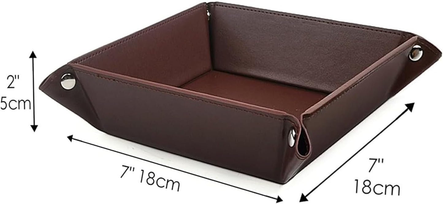 Tommy Hill Valet Tray Desktop Storage Organizer, Genuine Leather Catchall Tray Bedside Vanity Nightstand Caddy Holder Desk Storage Plate, Brown