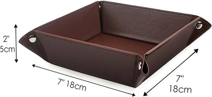 Tommy Hill Valet Tray Desktop Storage Organizer, Genuine Leather Catchall Tray Bedside Vanity Nightstand Caddy Holder Desk Storage Plate, Brown