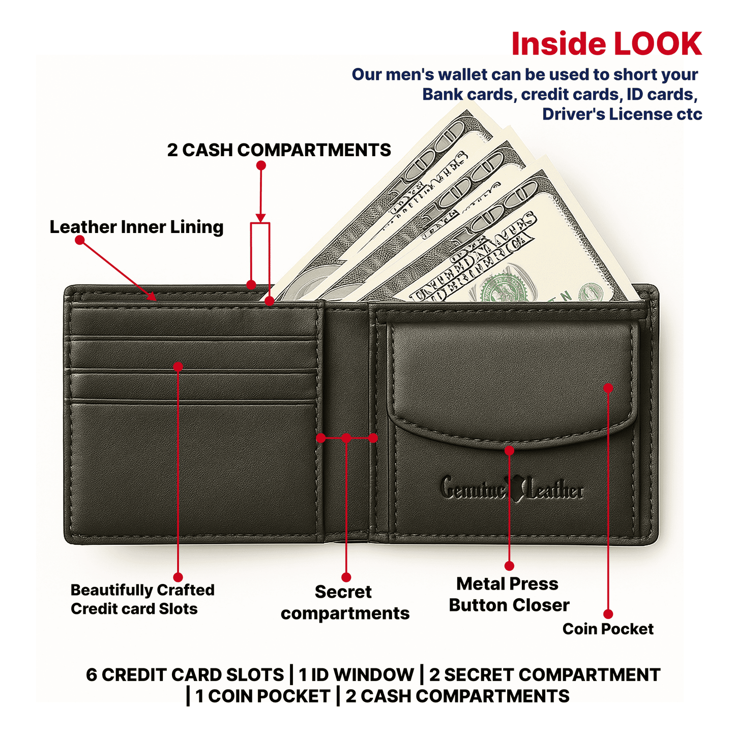 Tommy Hill Premium Bifold Men's Wallet – 100% Genuine Leather Wallet with Smart Organization, RFID Protection, premium wallets with Slim & Stylish Design, Perfect Gift for Men - Black